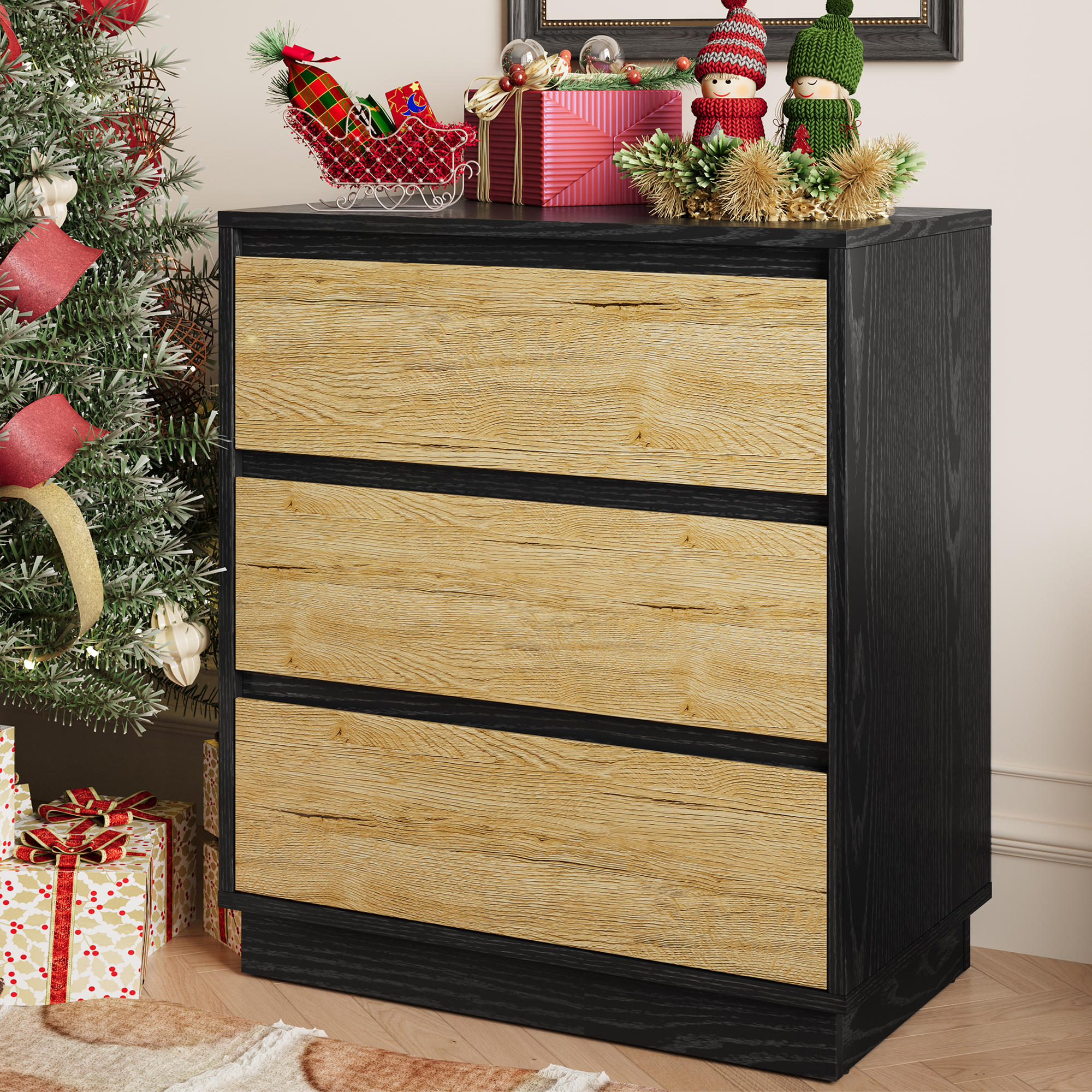 Wide Nightstand With 3 Drawers, Modern Chest Of Drawers For Bedroom, Large End Table With Hidden Pull-out System, Wooden Dresser For Living Room, Closet, Black And Wood_maomaolike.com